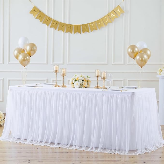 Suppromo White Tulle Tablecloth for 4 Foot Rectangular Tables 48 x 24 Inch White Rectangle Table Cloth 4ft Wrinkle Free Table Cover with Tutu Skirt for Wedding Birthday Party Banquet Tablecover