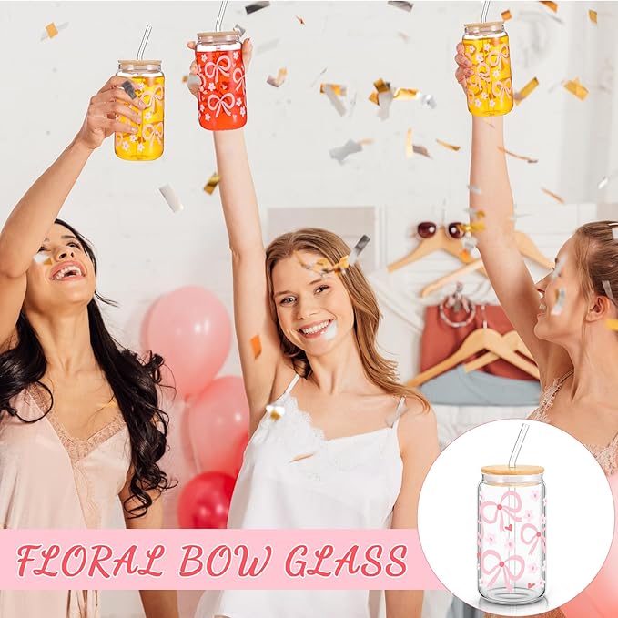 Hoolerry Coquette Bow Aesthetic Cup, 16 oz Dainty Glass Cup in Pink with Lid and Straw, Vintage Coquette Aesthetic Drinking Jar for Girls Women Valentines Birthday Party Favors(Flower Bow)