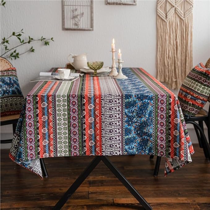 Rectangular Tablecloth Cotton and Linen Ethnic Tablecloth Coffee Table Fabric Bohemian Multi-Color Printed Tablecloth Suitable for Restaurant Camping(140 * 200cm)