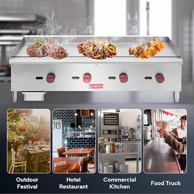 WESTLAKE 48"W Commercial Gas Griddle Countertop Natural Gas and Propane Griddle with 4 Burners 120000 BTU, Stainless Steel Plate Grill for Restaurants