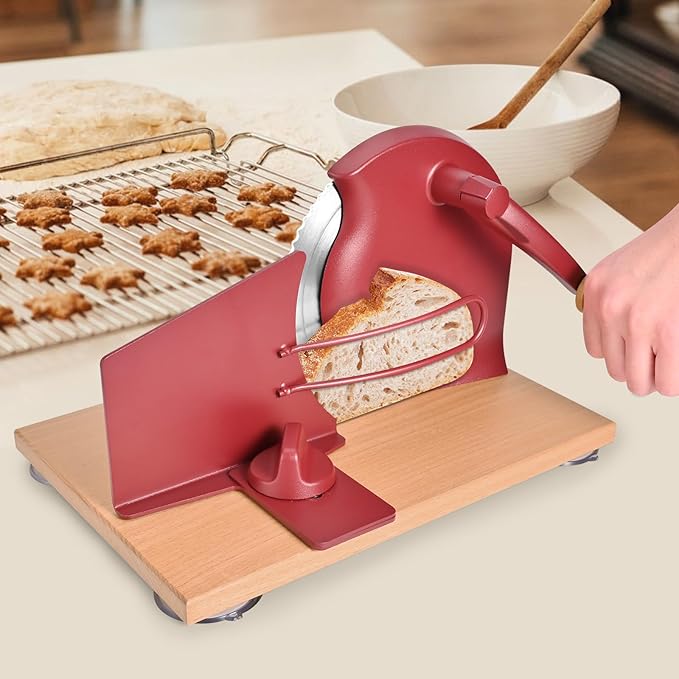 Manual Bread Slicer with Hand Crank, Classic Home Bread Slicer for Homemade Sourdough, Rotary Slicer with Adjustable Thickness, Premium Stainless Steel & Powerful Suction Cups (Red)
