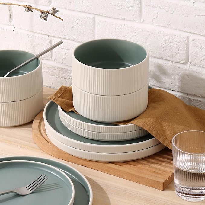 MONITO Ceramic Dinnerware Sets for 4, 18PCS Stoneware Plates and Bowls Sets, Reactive Glaze Dish Set, Chip and Scratch Resistant Double, Microwave and Dishwasher Safe, White Cyan