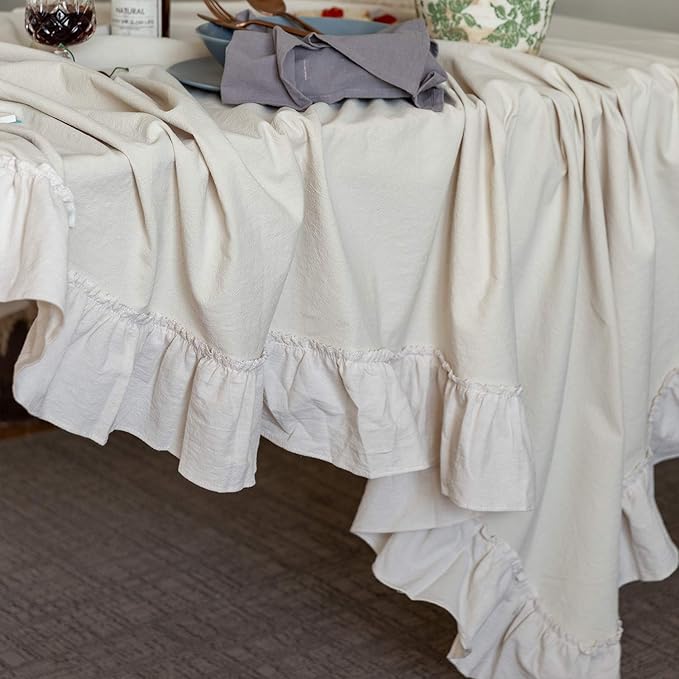 Retro Farmhouse Ruffle Tablecloth Cotton Flounces Trim Washable Table Cover Tablecloths for Rectangle Table Baby Shower Kitchen Party Wedding Decor, 52''x70''