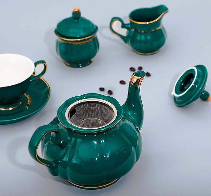 CHENP.HMC Tea Set 22-Piece Porcelain Ceramic Coffee Tea Sets Cups Saucer Service for 6 Teapot Sugar Bowl Creamer Pitcher and Teaspoons Porcelain Tea Set(Dark Green)