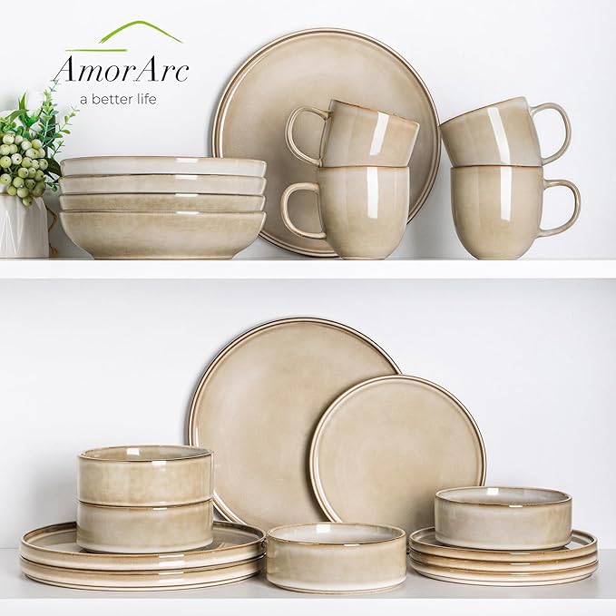 AmorArc Ceramic Dinnerware Sets, Handmade Reactive Glaze Stoneware Plates and Bowls Sets,Highly Chip and Crack Resistant | Dishwasher & Microwave Safe Dishes Set, Service for 8 (24pc)