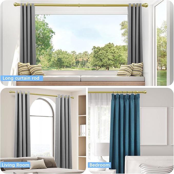Curtain Rods for Windows 16 to 48 Inches, Curtain Rod Max Adjustable Length of 60 IN, 1" Diameter Drapery Rods Round Finials, Warm Gold, Pack of 1