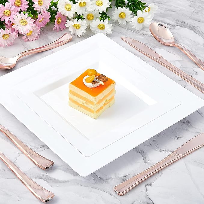 Disposable Square Plastic Plates - 100 Pack - 50 x 9.5 Dinner and 50 x 6.5 Salad Combo Plate - Premium Heavy Duty - Fancy and perfect for a Party, Wedding, or Birthday