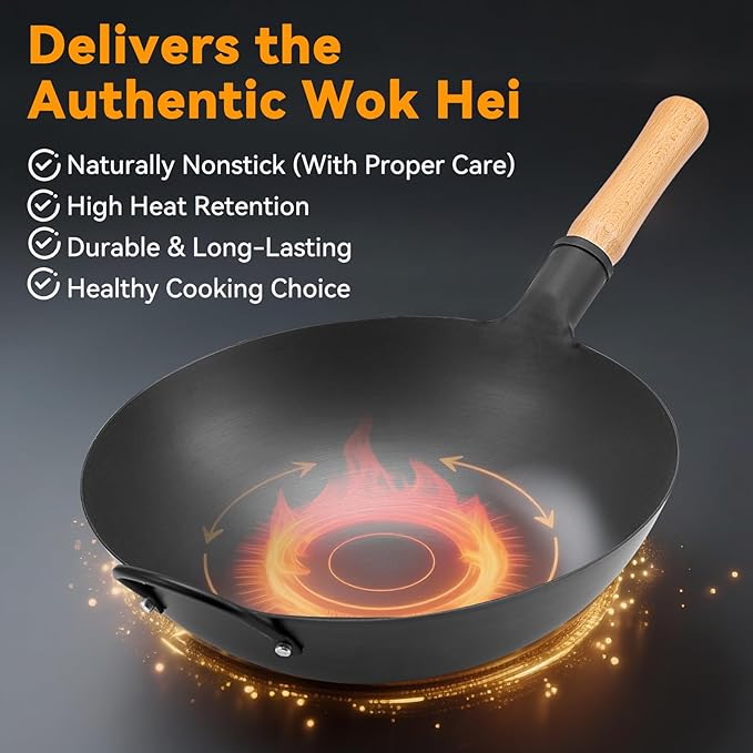 WANGYUANJI 13.4" Round-Bottom Iron Wok, Deep Chinese Stir-Fry Pan (Seasoning Required), Wok Ring Required, Not Flat-Top/Induction — No Lid, No Ring,Wooden Handle, Coating-Free