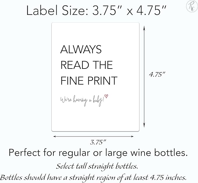 Always Read the Fine Print ● SET of 5 ● GENDER NEUTRAL Pregnancy Announcement Wine Labels, Baby Announcement Wine Label, We are Pregnant, Pregnancy Reveal, Alternative to Card WATERPROOF (Minimalist)
