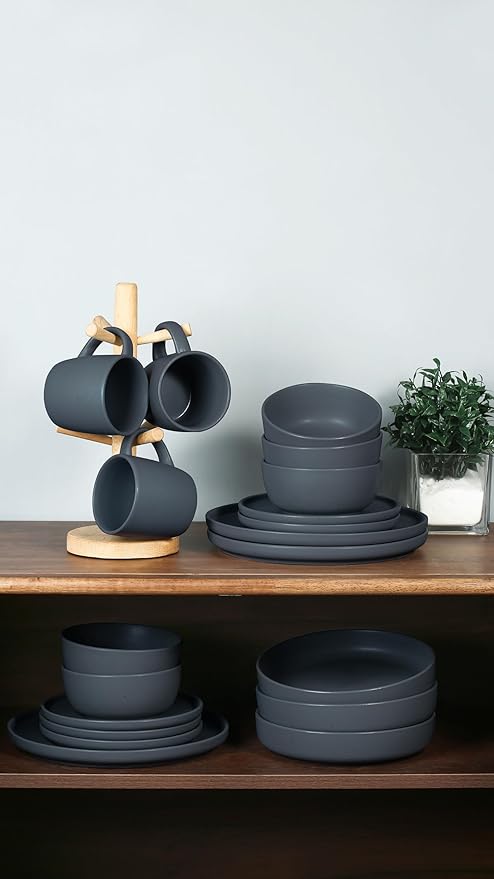 Famiware Dawn Plates and Bowls Sets, 12 Pieces Stoneware Dinnerware Sets, Dishes Set for 4, Microwave and Dishwasher Safe, Speckled Charcoal