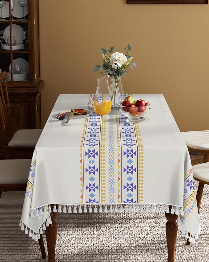 Bohemian Linen Rectangle Tablecloth 60''x 102'', Boho Tassels Table Cloth, Farmhouse Dining Table Cover Waterproof & Wrinkle Free for Kitchen, Holiday, Party, Picnic