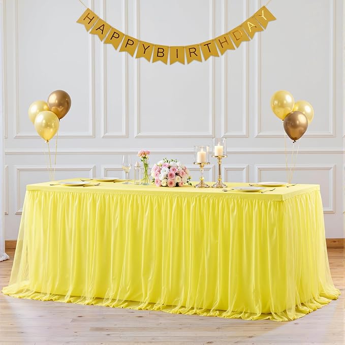 6 Pack Yellow Tulle Tablecloth for 8 Foot Rectangular Tables 8ft Yellow Rectangle Table Cloths Wrinkle Free Table Cover with Tutu Skirt for Birthday Cocktail Banquet Buffet Lemon Fruit Party Decor