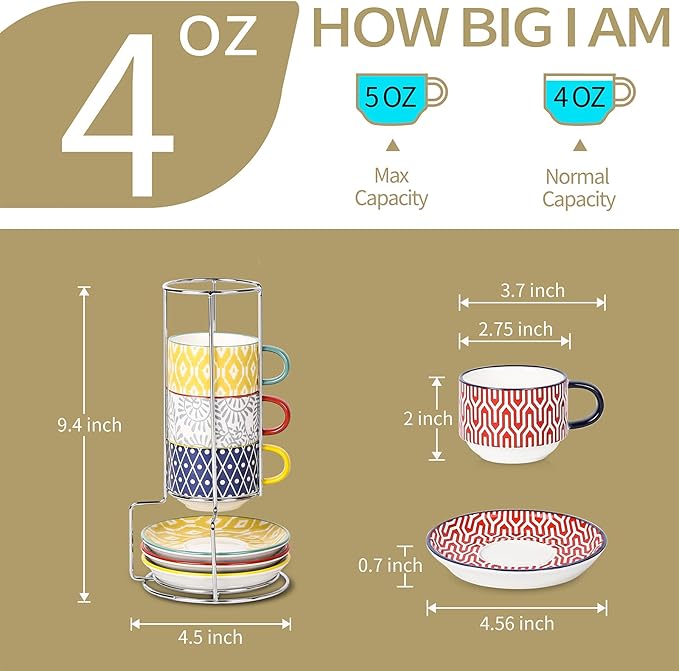 Selamica Ceramic Espresso Cups with Saucers and Metal Stand, 4 OZ Stackable Demitasse Cups for Latte Coffee Café Mocha Tea, Set of 4, Assorted Colors