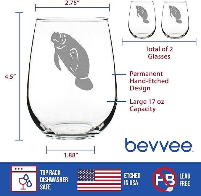 Bevvee Manatee Stemless Wine Glass - Funny Ocean Animals Themed Decor and Gifts for Sea Creature Lovers - Set of 2 - Large 17 Oz
