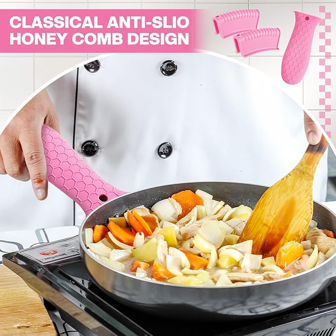 Patelai 8 Pcs Silicone Pot Holders Cast Iron Handle Cover Heat Resistant Pot Handle Covers Potholder Non Slip Reusable Pan Sleeve for Frying Pan Kitchen Supplies(Pink)