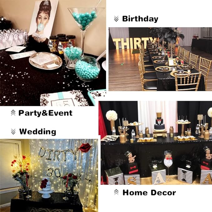 Eternal Beauty Black Tablecloth, 90x132 Inch Sequin Rectangle Table Cover for Cake Dessert Exhibition Party Birthday Events