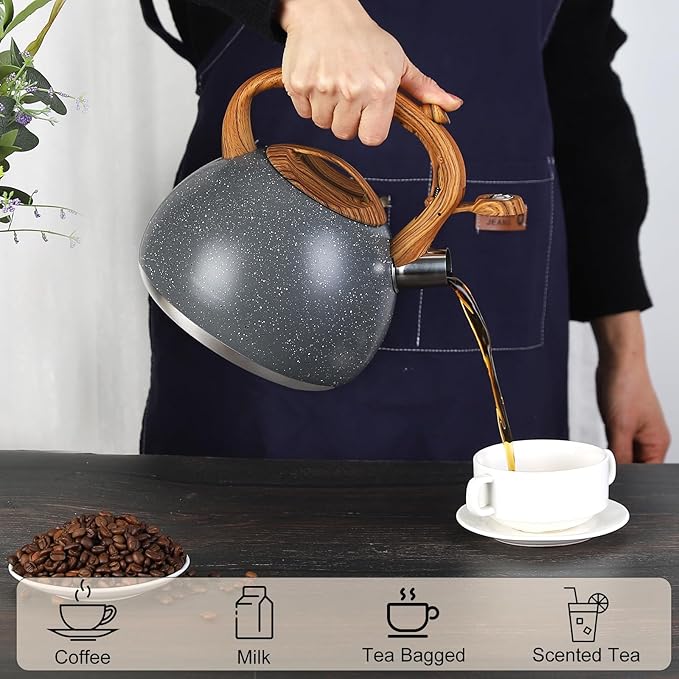 Tea Kettle, Vegoran 100 OZ / 3 Liter Whistling Tea Kettle, Tea Pots for Stove Top Food Grade Stainless Steel with Wood Pattern Folding Handle, Loud Whistle Kettle for Tea, Coffee, Milk (Gray)