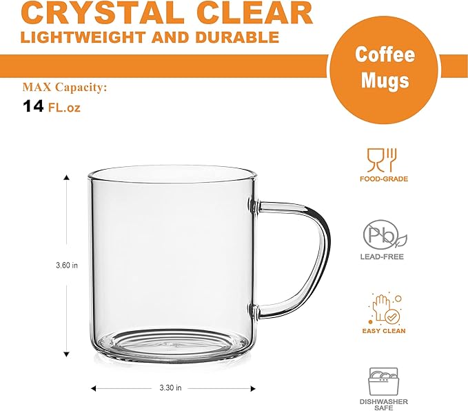 LUXU Glass Coffee Mugs Set of 4,14 oz Clear Coffee Cups,Hand Blown&Seamless Design,Heat Resistant and Explosion-Proof,Lightweight Tea Mugs with Anti Scald Handle Ideal for Home,Cafe