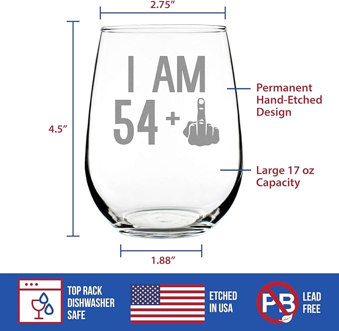 54 + 1-55th Birthday Stemless Wine Glass for Women & Men - Cute Funny Wine Gift Idea - Unique Personalized Bday Glasses for Mom, Dad, Friend Turning 55