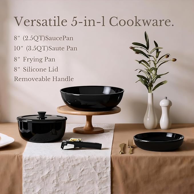 Pots and Pans Set Non Stick, Ceramic Cookware Set Detachable Handle, RV Camping Kitchen Cooking Set Removable Handles, Dishwasher/Oven/Fridge Safe, Induction, Space Saving,Black Gold