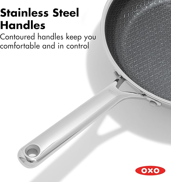 OXO Hybrid 10” Nonstick Stainless Steel Frying Pan, Durable PFAS-Free Ceramic Skillet, Stay-Cool Handle, Induction & All Cooktop Compatible, Dishwasher Safe, Mirror Polished Tri-Ply