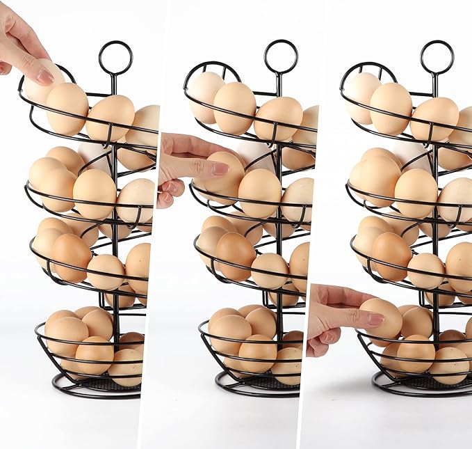 QUTREY Black Metal Egg Holder Countertop, Fresh Egg Skelter, Spiral Design Egg Dispenser Rack with Storage Basket for Kitchen