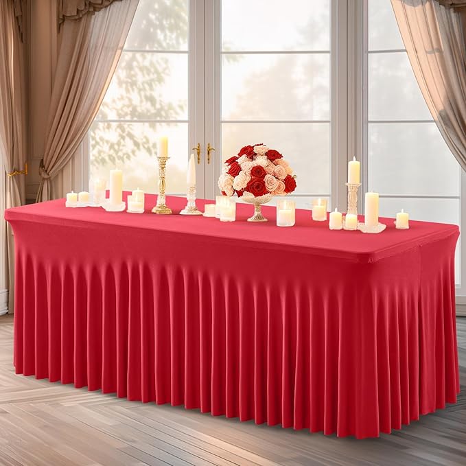 6 Packs Red Spandex Table Clothes for 8 Foot Rectangle Table, Spandex Table Covers 8FT Stretch Table Skirts Wrinkle Free Fitted Table Cloth for Valentines, Event, Wedding, Banquet & Parties
