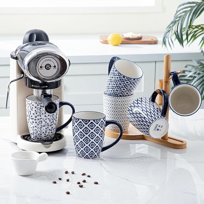 Ceramic Coffee Mugs Set - 16 Oz Large Porcelain Tea Cups with Handle for Women Men Cocoa Cappuccino Latte - Christmas Housewarming Gift - Dishwasher Safe - Set of 6 - Vintage Blue