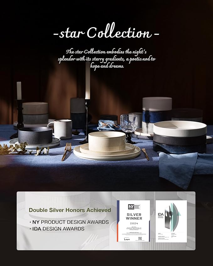 Famiware Star Dinnerware Set with Mugs, Service for 6 (24 Pieces), Ribbed Stoneware Plates and Bowls Dishes Sets - Chip & Scratch Resistant, Microwave & Dishwasher Safe, Cappuccino White