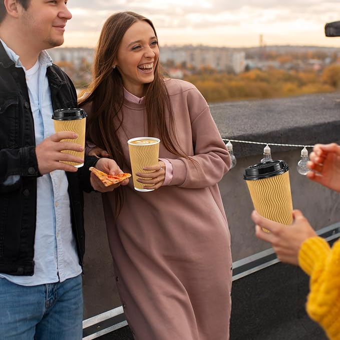 SIUQ 16 oz Coffee Cups-90 Pack Disposable Coffee Cups with Lids and Straws, Insulated Ripple Wall To Go Paper Coffee Cup for Coffee, Juice, Hot Chocolate and Hot Tea Drinks - Champagne