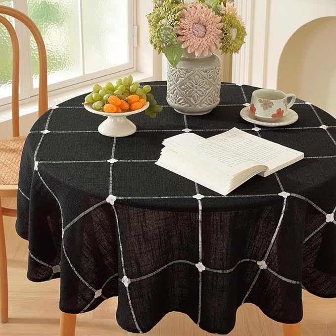 Zobesta Linen Table Cloth Round Tablecloth 53 inch, Washable Farmhouse Soft Boho Black Plaid Round Table Cloth for Party, Holiday, Picnic, Dining, Outdoor