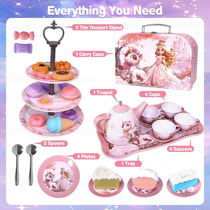 Unicorn Tea Party Set for Girls, Pretend Play Toy with Pink Tin Teapot, 4 Cups & Plates, Portable Carrying Case, Educational Gift for Toddlers Ages 3 4 5 6 7 (Swn)