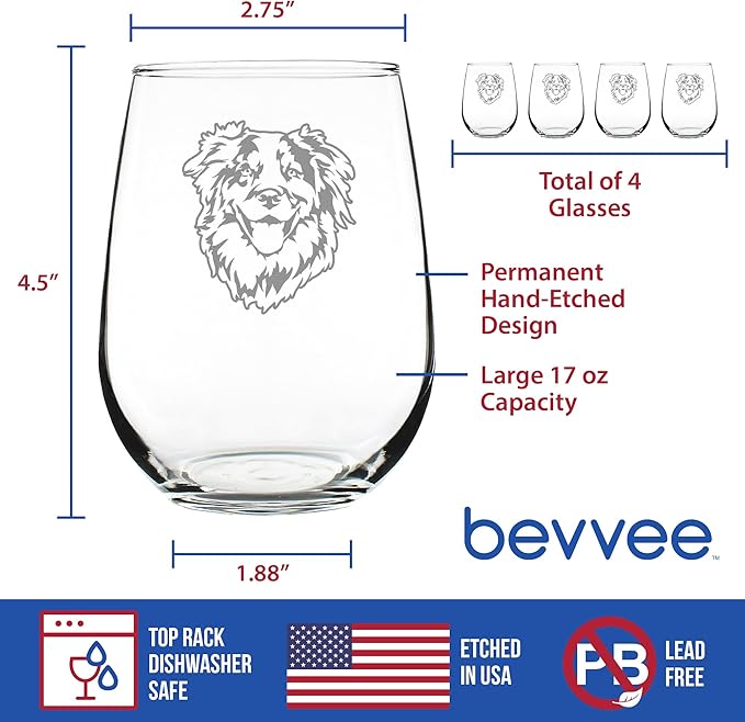 Australian Shepherd Face - Stemless Wine Glass - Unique Dog Themed Decor and Gifts for Lovers of Aussies - Set of 4 - Large 17 Ounce