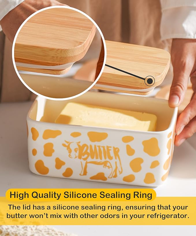 Butter Dish with Lid, Farmhouse Cow Butter Dish, Covered Butter Holder, Two Sticks of Butter, Large Covered Tray with Bamboo Lid (Gold)