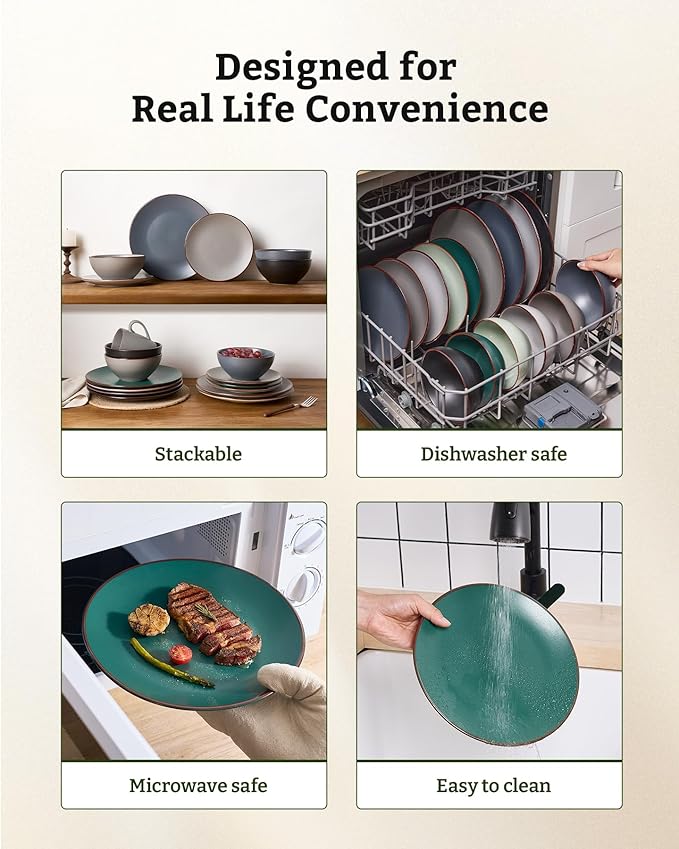 Famiware Venus Speckled Dinnerware Set with Pasta Bowls, Service for 6 (24 Pieces), Stoneware Plates and Double Bowls Sets, Microwave & Dishwasher-Safe Dishes with Trim, Matte Dark Green
