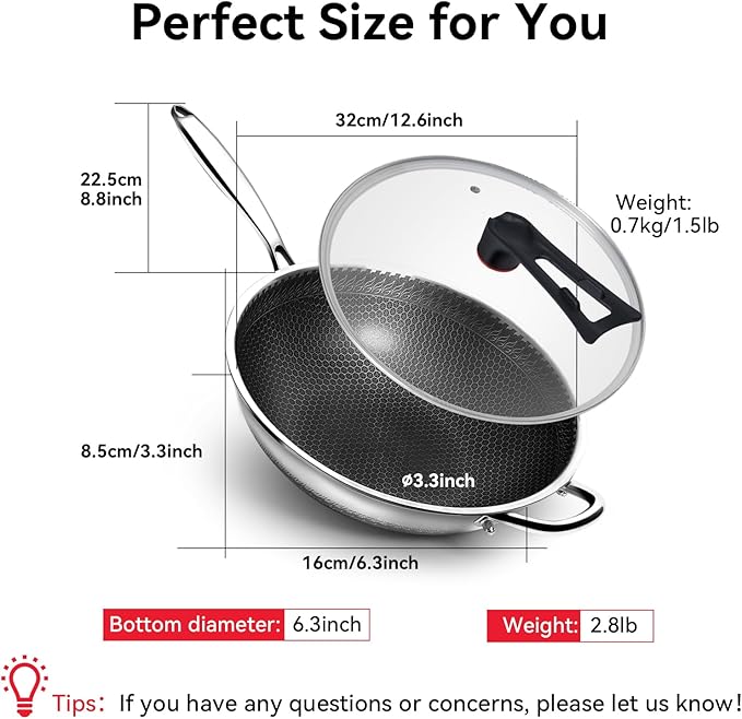 WANGYUANJI Coating-Free Hybrid Stainless Steel Wok with Lid, 12.6" Flat-Bottom Stir-Fry Pan, Honeycomb Surface, Induction Compatible, Dishwasher & Oven Safe