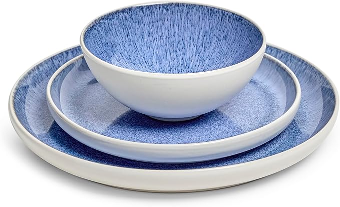 Sango 12-Piece Stoneware Dinnerware Set for 4, Light Blue Reactive Glaze on White Plates and Bowls Sets, Kitchen Ceramic Dish Set, Modern Dishes for Everyday Dining, Microwave & Dishwasher Safe, Cove