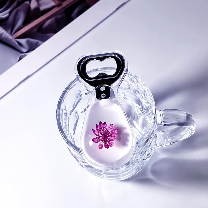 Resin Art Bottle Opener – Real Astrantia Flower, Clear Grey, 1 PCS, Feminine Gift for Women, Floral Lucky Charm, Decorative Resin Bar Tool