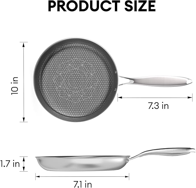 COOKING KING 10-Inch Stainless Steel Pan, Hybrid Nonstick Frying Pan, Skillet, 3-Ply Clad Cookware, Even Heat Distribution, Dishwasher & Oven Safe, with Stay-Cool Handle, Induction Compatible