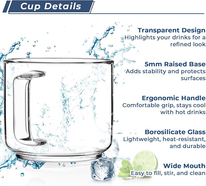 Aquach 18oz Large Clear Glass Coffee Mugs Set of 2 - Serve as General Drinking Glasses for Water, Coffee, Tea, and Juice