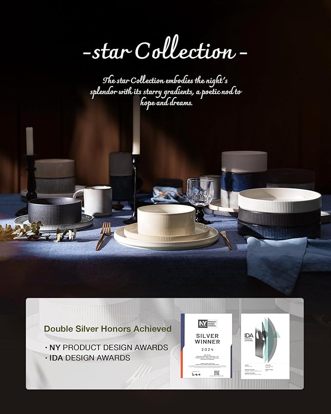 famiware Star Dinnerware Set with Pasta Bowls, Service for 6 (24 Pieces), Ribbed Stoneware Plates and Double Bowls Sets - Chip & Scratch Resistant, Microwave & Dishwasher Safe Dishes, Matte White