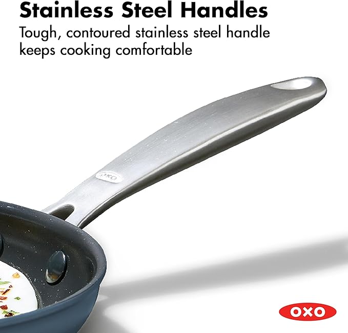 OXO Enhanced 8” Nonstick Frying Pan Skillet, Ceramic PFAS-Free Cookware, Stainless Steel Handle, Eggs & Omelets, Dishwasher & Oven Safe, Storm Blue