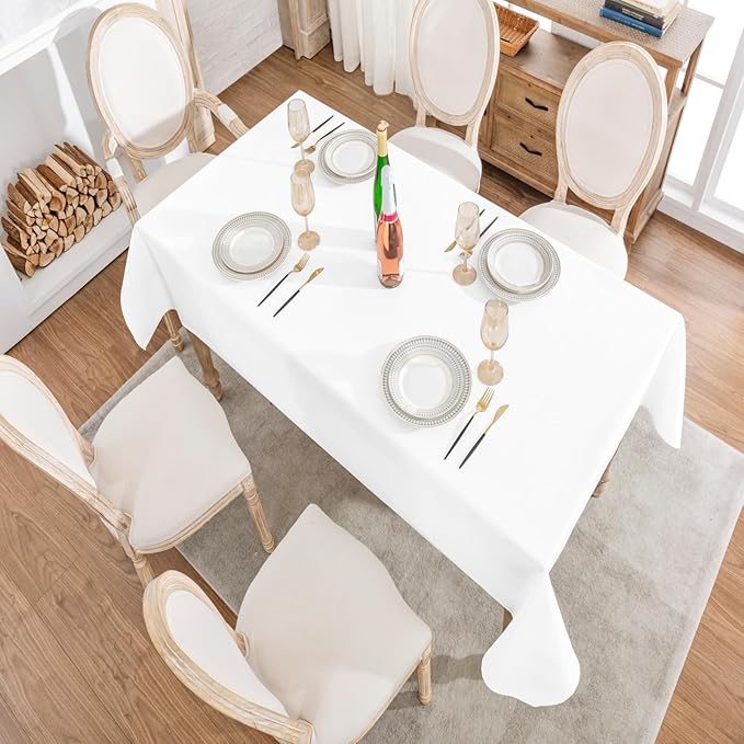 2 Pack Rectangle Tablecloth, 52x70 inch, Water Resistant Wrinkle Free Linen Textured Table Cloth Washable, Decorative Fabric Table Cover for Dining, Party and Camping, White