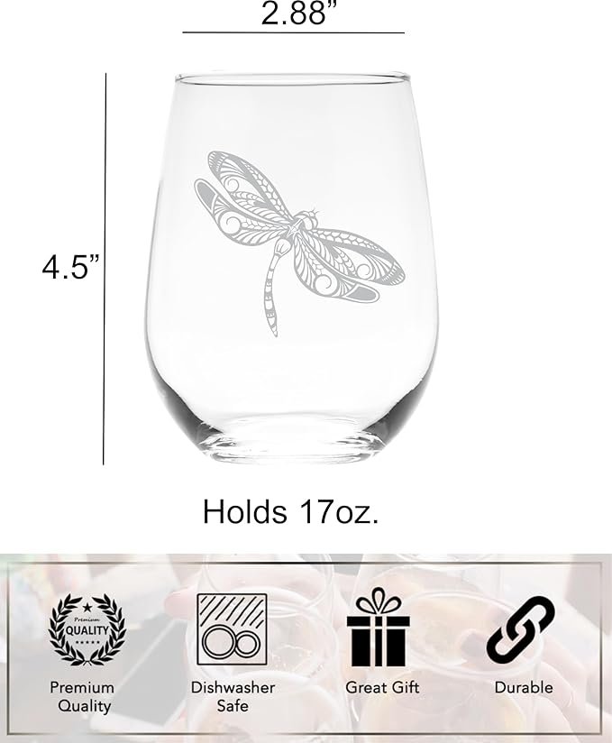 C M Dragonfly Stemless Wine Glass, 17 oz - Dragonfly Themed Gift for Men and Women