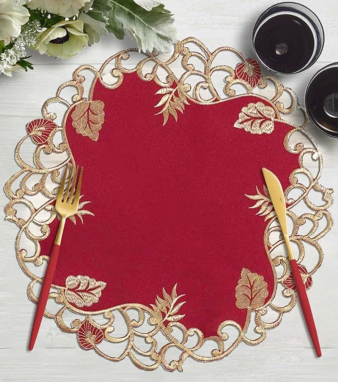 Decozen Set of 4 Doilies for Table, Lace Doilies Rustic Farmhouse Kitchen Dining Table Centerpiece Decor, 15 Inch Gold Burgundy Round Placemats for Home, Valentines Day Gifts, Valentines placemats