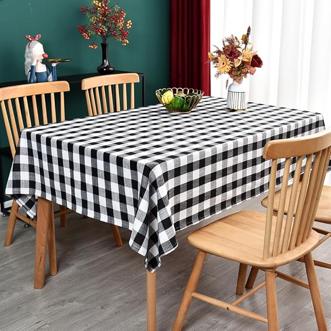 Gingham Tablecloth Rectangle Table Cloth Heavy Duty Cotton Checkered Table Cover for Spring Picnic Kitchen Dining(C-Black, 52x98 inch)