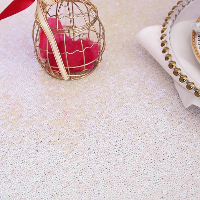 Eternal Beauty White Iridescent Tablecloth, 90x132 Inch Sequin Rectangle Table Cover for Cake Dessert Exhibition Party Birthday Events