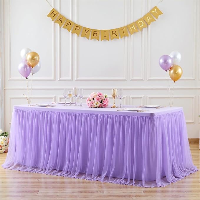 Suppromo Lavender Tulle Tablecloth for 4 Foot Rectangular Tables, 48 x 24 Inch White Rectangle Table Cloth, Wrinkle Free Table Cover with Tutu Skirt for Wedding Birthday Party Banquet Tablecover