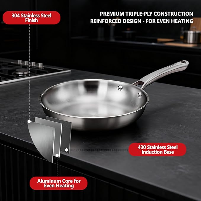 VINGLI 10 Pcs Cookware Set, Stainless Steel Pots and Pans Set with Lids, Non-Toxic Saute Sauce Pot, Soup Pot, Frying Pan, PFOA & PTFE Free, Compatible for All Cooktops(10 Cookware Set)