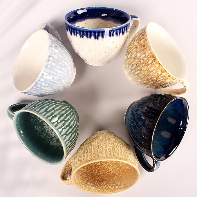 Coffee Mugs Set of 6, 6.8 oz Ceramic Tea Cup, Espresso Cups, Stackable Cups, for Latte, Hot Tea, Cappuccino, Mocha, Cocoa, Milk Tea - Dishwasher & Microwave Safe,Six colors